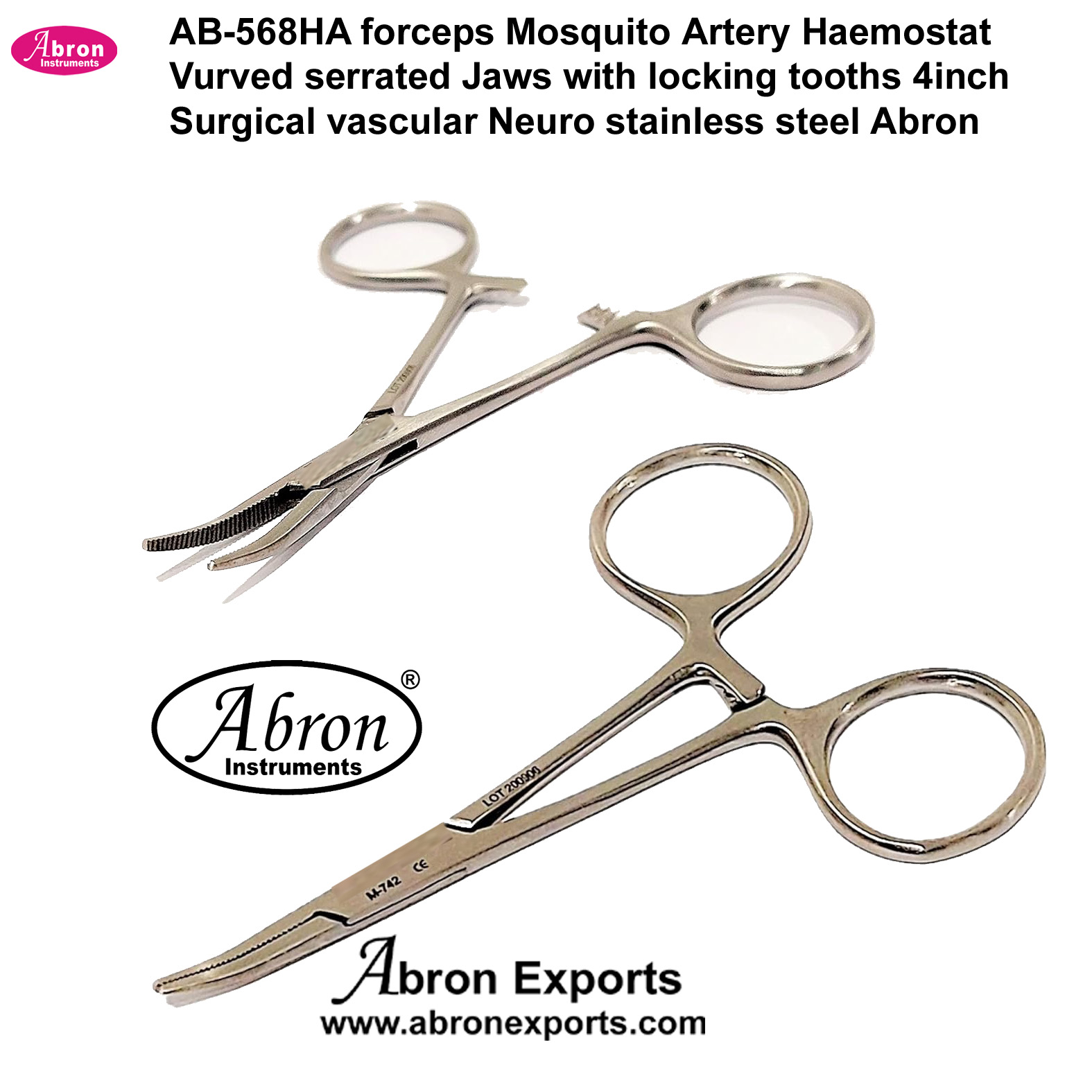 Surgical forceps Mosquito Artery Haemostat  Curved serrated Jaws with locking tooths 4inch vascular Neuro stainless steel 10pc Abron AB-568HA 